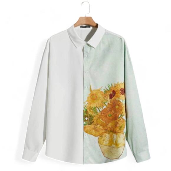 SHEIN Mens Sunflower Print Button-Down Shirt Top Cotton Collared Size L Large - Picture 1 of 6